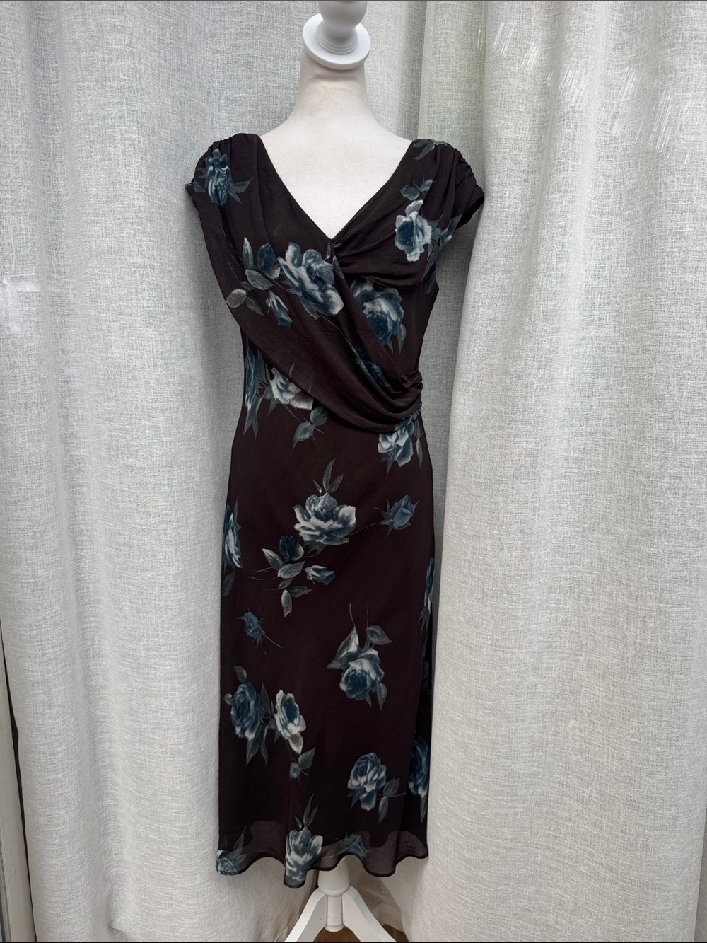 David Warren Y2K draped cowl-neck design with a dark floral print midi dress